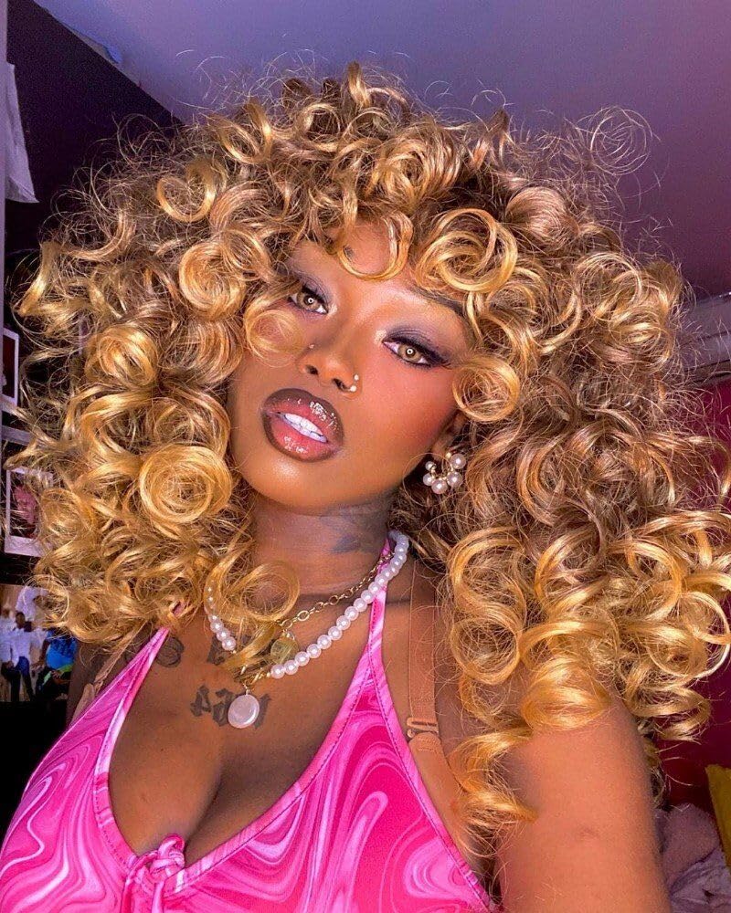 ISAMY Long Curly Wigs for Black Women Curly Afro Wig with Bangs for Women Big Bouncy Fluffy Synthetic Fiber Glueless Hair for Cosplay and Daily (Ombre Blonde)
