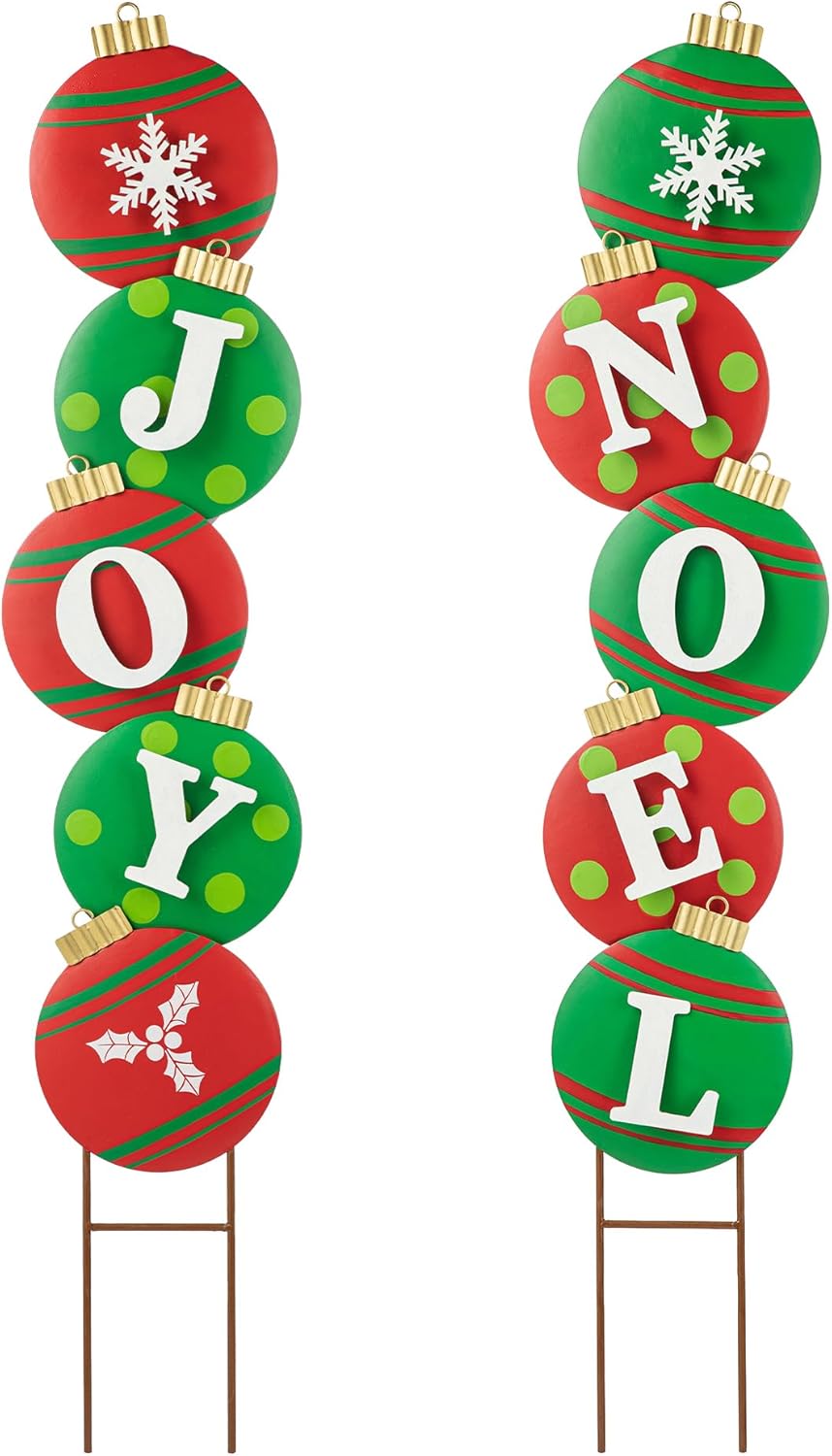 Decorative Garden Stakes - glitzhome Set of 2 Joy Noel Garden Yard Stake, 42 Inches Metal Yard Signs Christmas Ornaments Hanging Wall Xmas Decorative for Lawn Outside Holiday