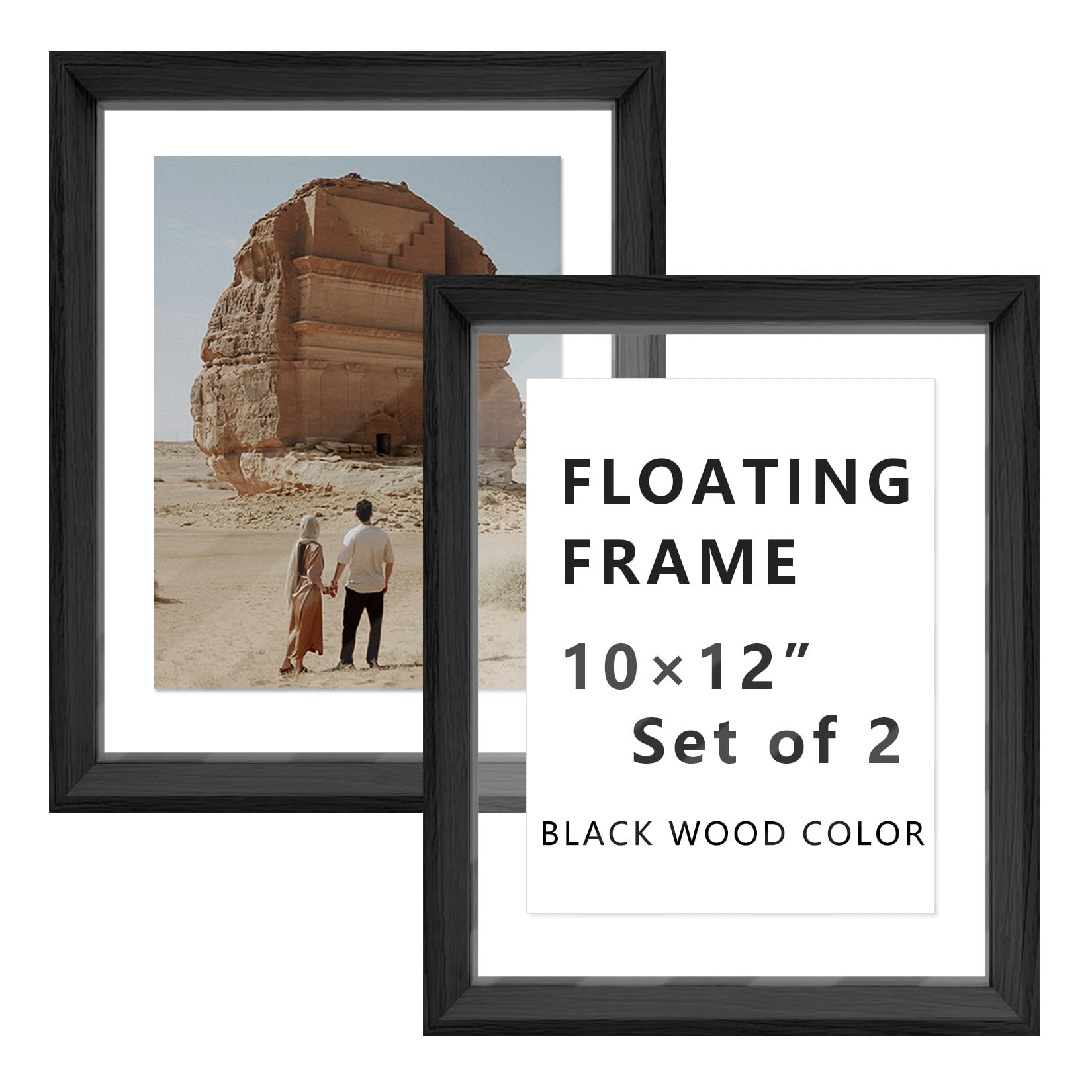 Photo 1 of A ART·ZONE 10X12 Floating Picture Frames - Set of 2, Double-Sided Organic Glass Photo Frame for Wall Hanging or Tabletop Home Decor Living Room Bedroom Office (Black Wood, 10X12)