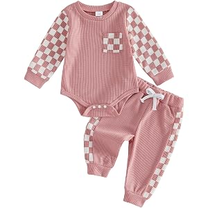 Doqcey Newborn Baby Boy Girl Clothes Checkered Plaid Long Sleeve Waffle Knit Romper Pants Set 2 Piece Fall Winter Outfits