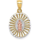 14k Two Tone Gold Virgin Mary Oval Pendant with Radiant Sunburst Design, Religious Medallion Necklace for Women, Catholic Devotional Jewelry in Yellow White Rose Gold, Faith Symbol Accessory 17x14mm
