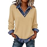 Long Sleeve Shirts for Women Denim Patchwork Pullover Tops Dressy Casual V Neck Sweatshirt Work Office Shirt Blouse