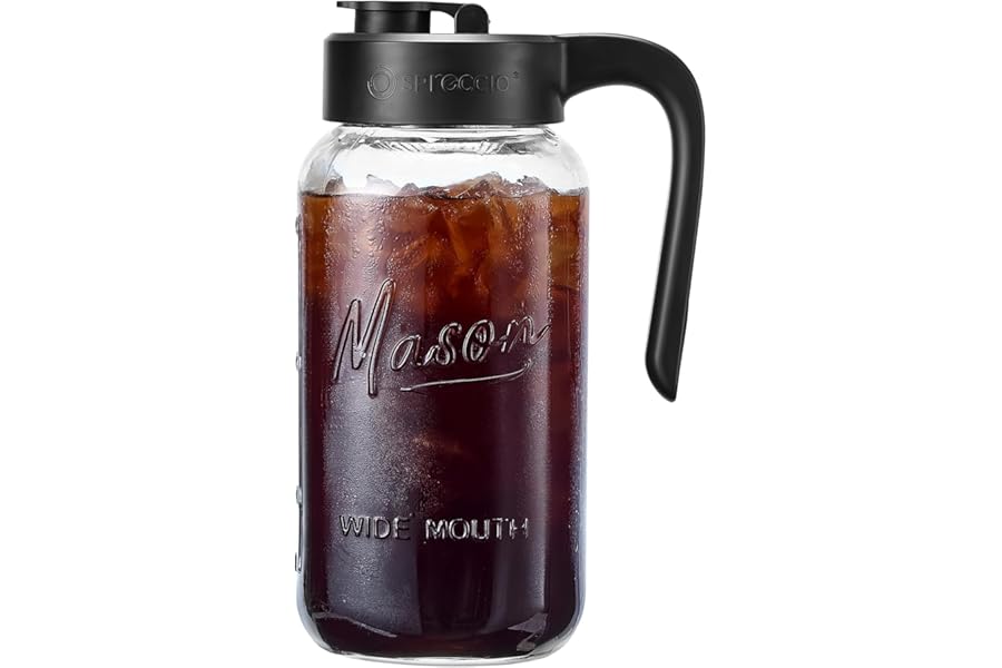 Spreccio Mason Jar Pitcher - Airtight & Leakproof Glass Pitcher with Lid, Perfect for Breastmilk, Cold Brew, and Sun Tea, 2 Quart (64 oz) 1/2 Gallon Mason Jar with Pour Spout Lid