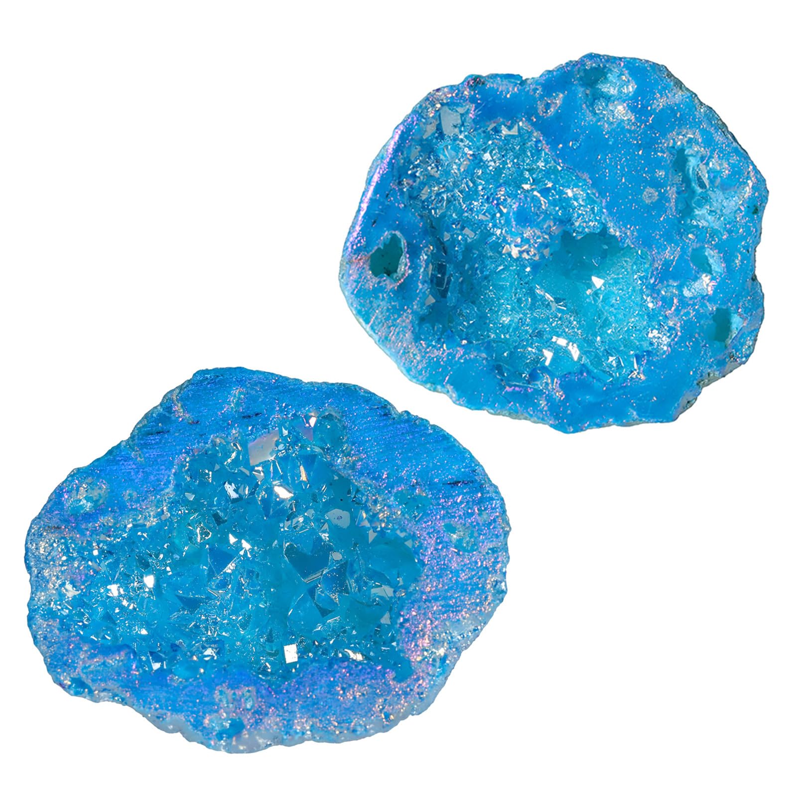 Nupuyai 2pcs Angel Aura Quartz Geode Stone, Titanium Coated Natural Rock Crystal Cluster Specimen for Reiki Healing Home Decor 10-35g, Blue