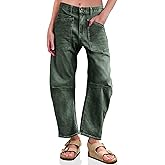 PLNOTME Womens Baggy Barrel Horseshoe Jeans High Waisted Wide Leg Vintage Denim Pants with Front Pockets