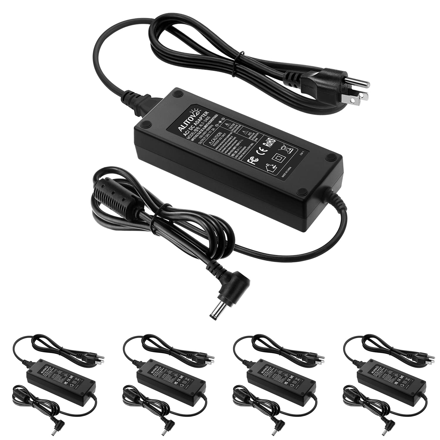Photo 1 of ALITOVE 24V Power Supply Adapter 100-240V AC to DC 24 Volt 5A 120W Converter 24 Vdc 5amp 4.5A 4A LED Driver Transformer 5.5x2.5mm Plug for LED Strip Light DC Pump Fan Monitor Massage Chair, 5-Pack
