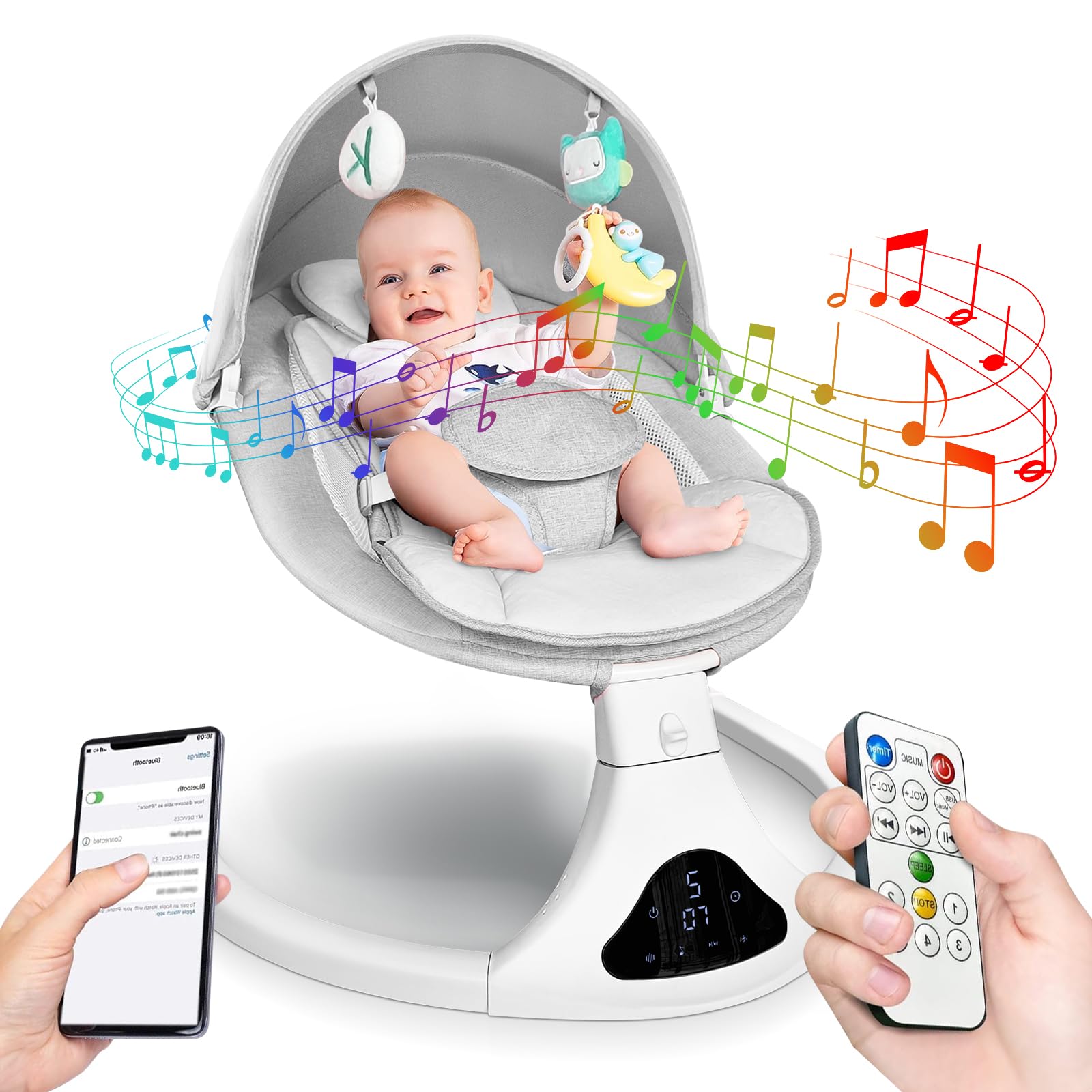 Electric Baby Swing for Infants to Toddler| Portable Infant Swing with Remote Control, Rocker with 5 Speeds, 3-Point Harness for Baby Boy Girl (Light Grey)