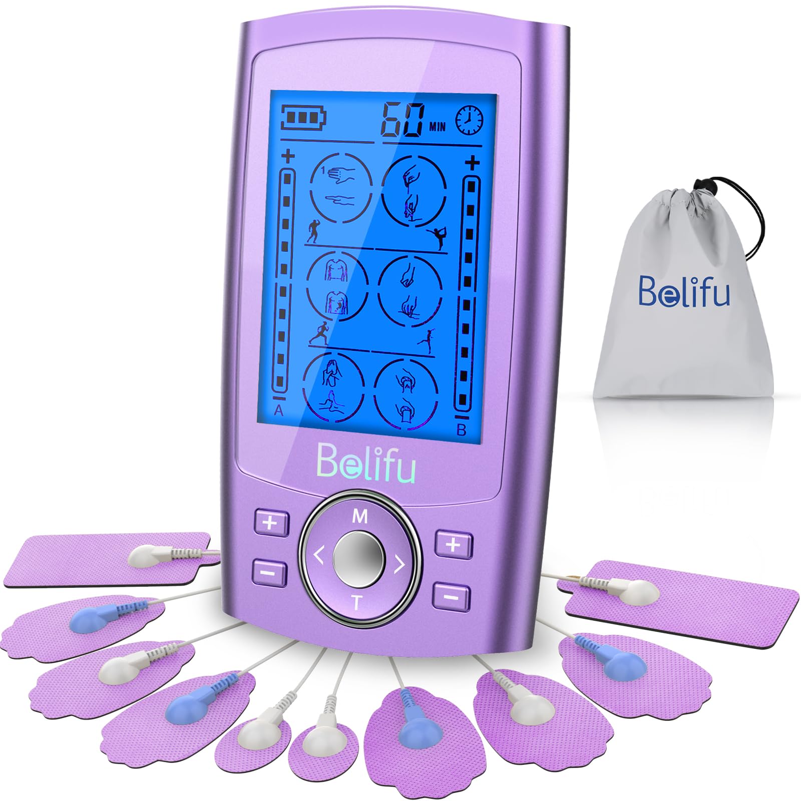 Belfiu TENS & PMS 24 Modes Muscle Stimulator for Pain Relief Therapy, Electronic Pulse Massager Muscle Massager with 10 Pads, Dust-Proof Drawstring Storage Bag, Fastening Cable Ties Image