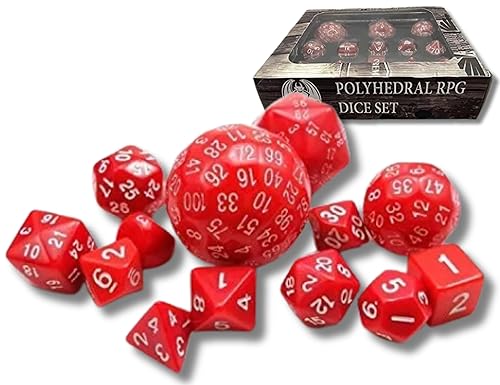 Grinning Gargoyle - 13 Die Complete Polyhedral Dice Set - DnD Dice Set - D and D Dice - Includes D3, D4, D6, D8, D10, D%, D12, D20, D24, D30, D50, D60, and a D100 - RPG Dice - Gaming Dice (Red)