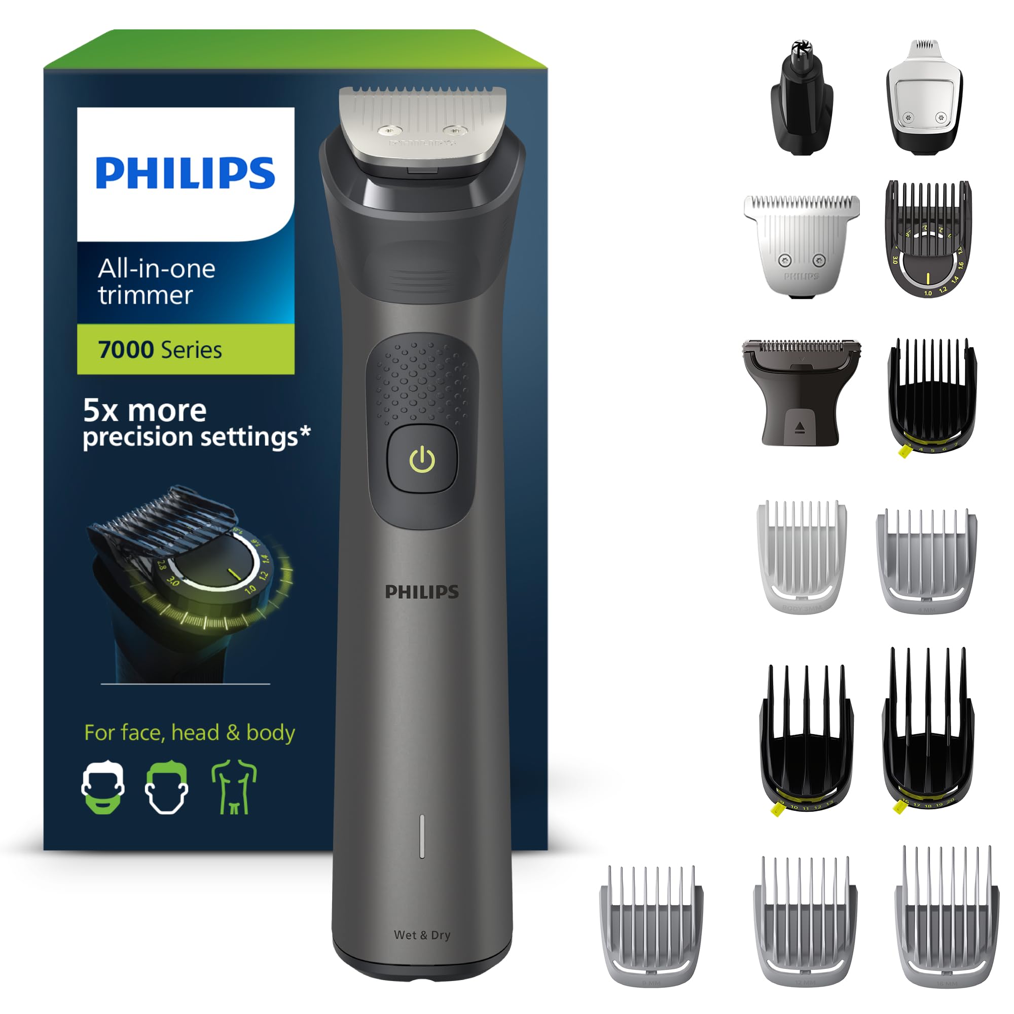 Philips Series 7000 All-in-one Trimmer, 15-in-1 Multigroom for face, Head and Body, One Tool - Ultimate Precision, 26 Length Settings (0.5-20 mm) (Model MG7950/15)