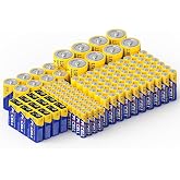 PKCELL 128 Counts Batteries Variety Pack, Assorted Battery AA AAA C D 9V | 60 AA Batteries, 40 AAA Batteries, 8 C Batteries, 8 D Batteries and 12 9V Batteries for Household Electronics