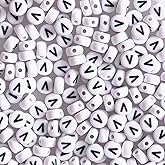 300pcs Round Letter Beads V 4x7mm Acrylic White Alphabet Beads Bulk for Bracelets Making Jewelry Keychains Sunglasses DIY