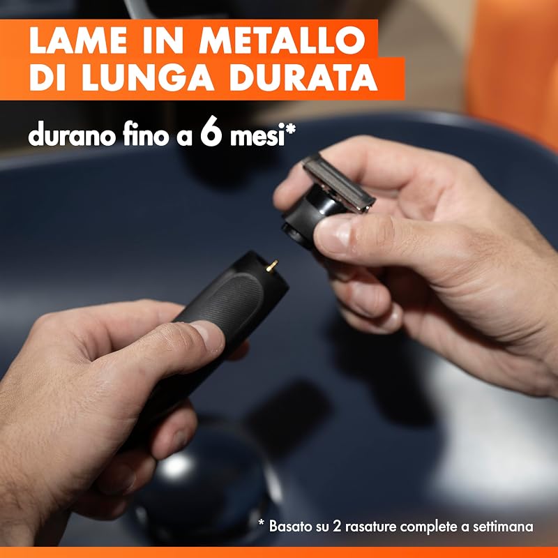 Fusion One Rasoio Elettrico Uomo Barba e Corpo, 3 Pettini Barba (1,2,5mm) e 1 Pettine Corpo, Testina Oscillante, Lama Ricambio, Impermeabile, Senza Fili, 45 Min Autonomia, Tecnologia Braun