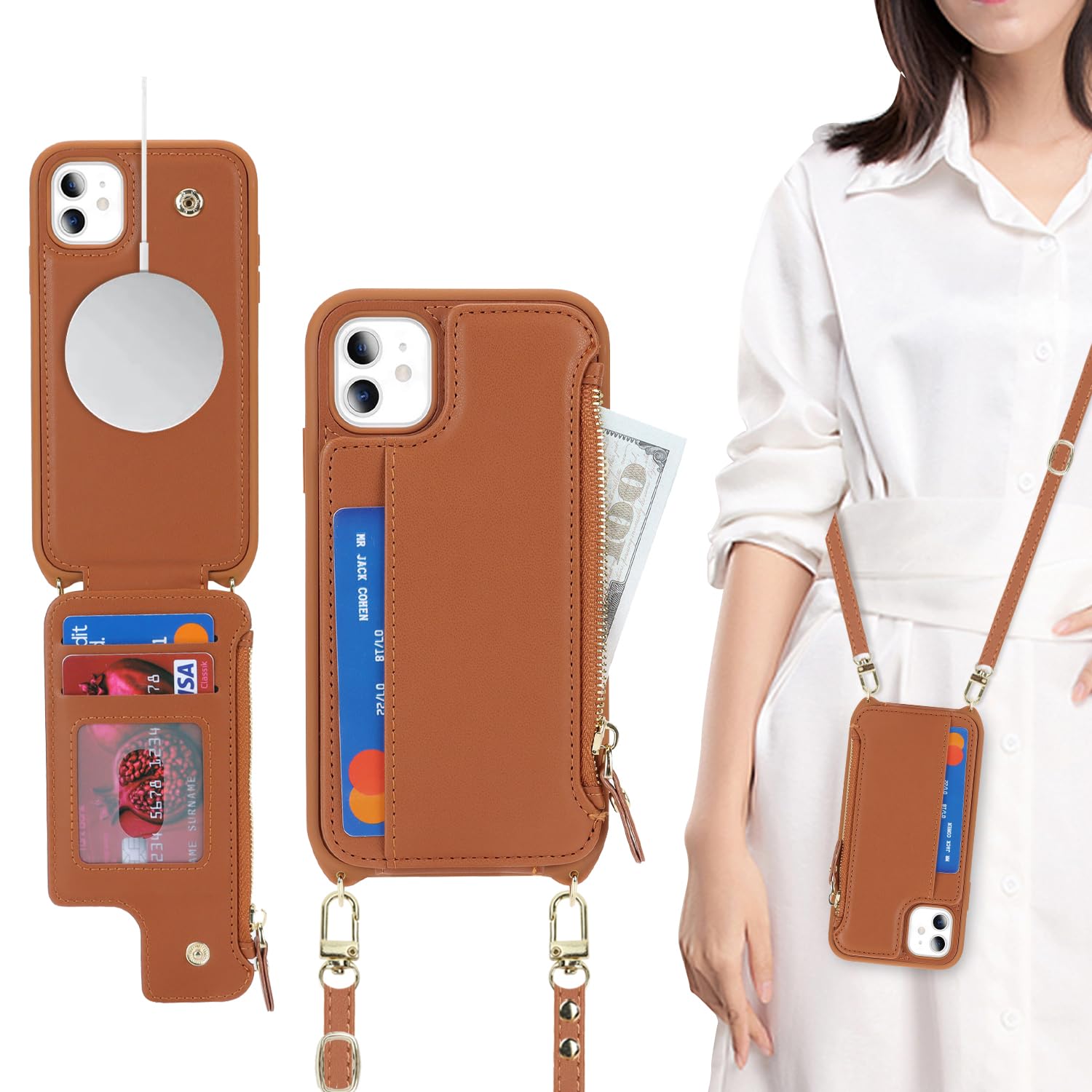 SailorTech for iPhone 11 Case with Credit Card Holder magsafe, iPhone 11 Phone Leather Case Wallet for Men Crossbody with mag safe Zipper Shockproof Case for Women - Brown — image 1