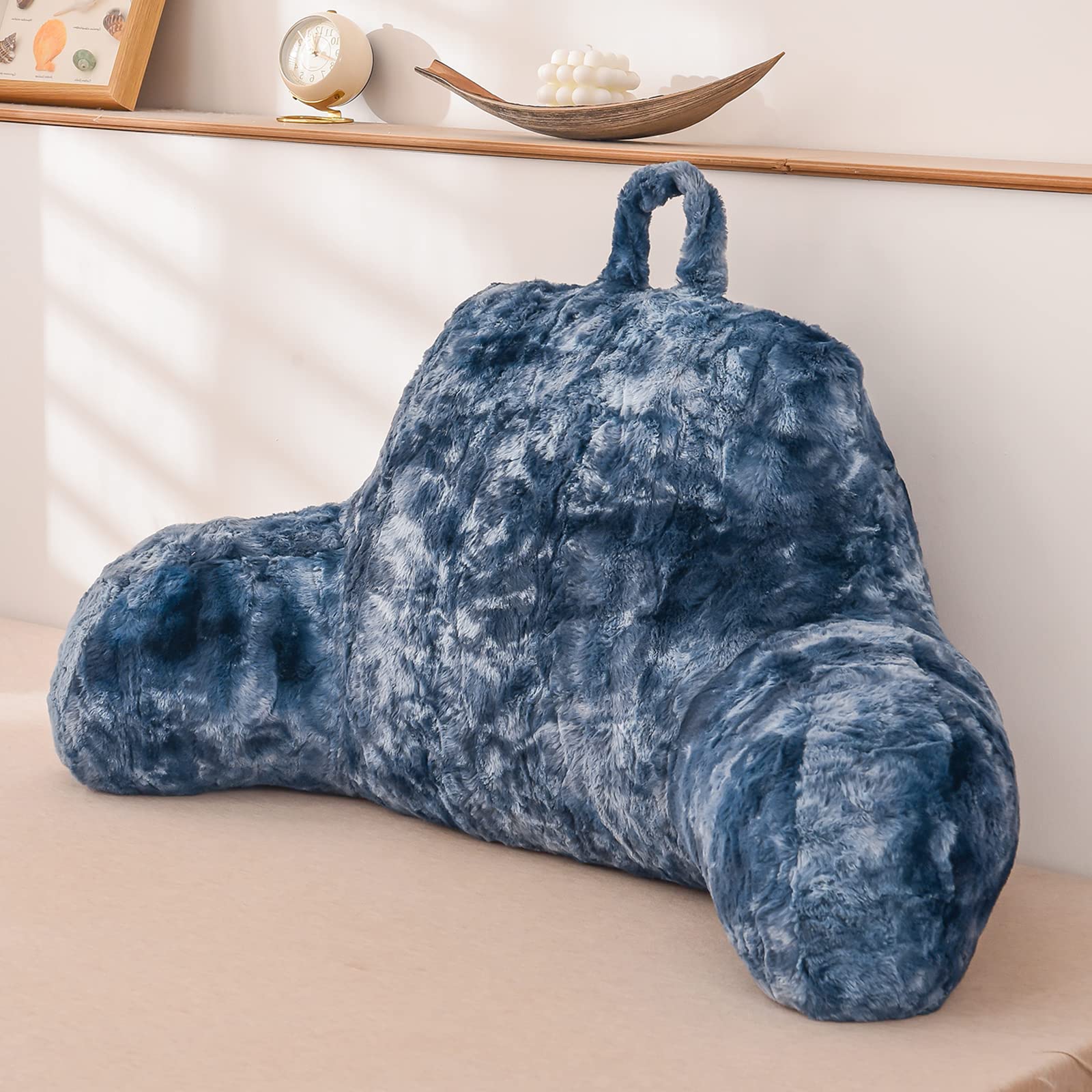 Photo 1 of A Nice Night Faux Fur Reading Pillow Bed Wedge Large Adult Children Backrest with Arms Back Support for Sitting Up in Bed/Couch for Bedrest,Tie Dyed Navy