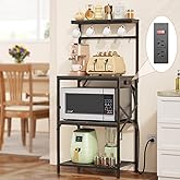 Korfile Kitchen Bakers Rack with Power Outlet, Small Coffee Bar Cart 4 Tiers, Microwave Stand with 8 Hooks, Adjustable Shelf,