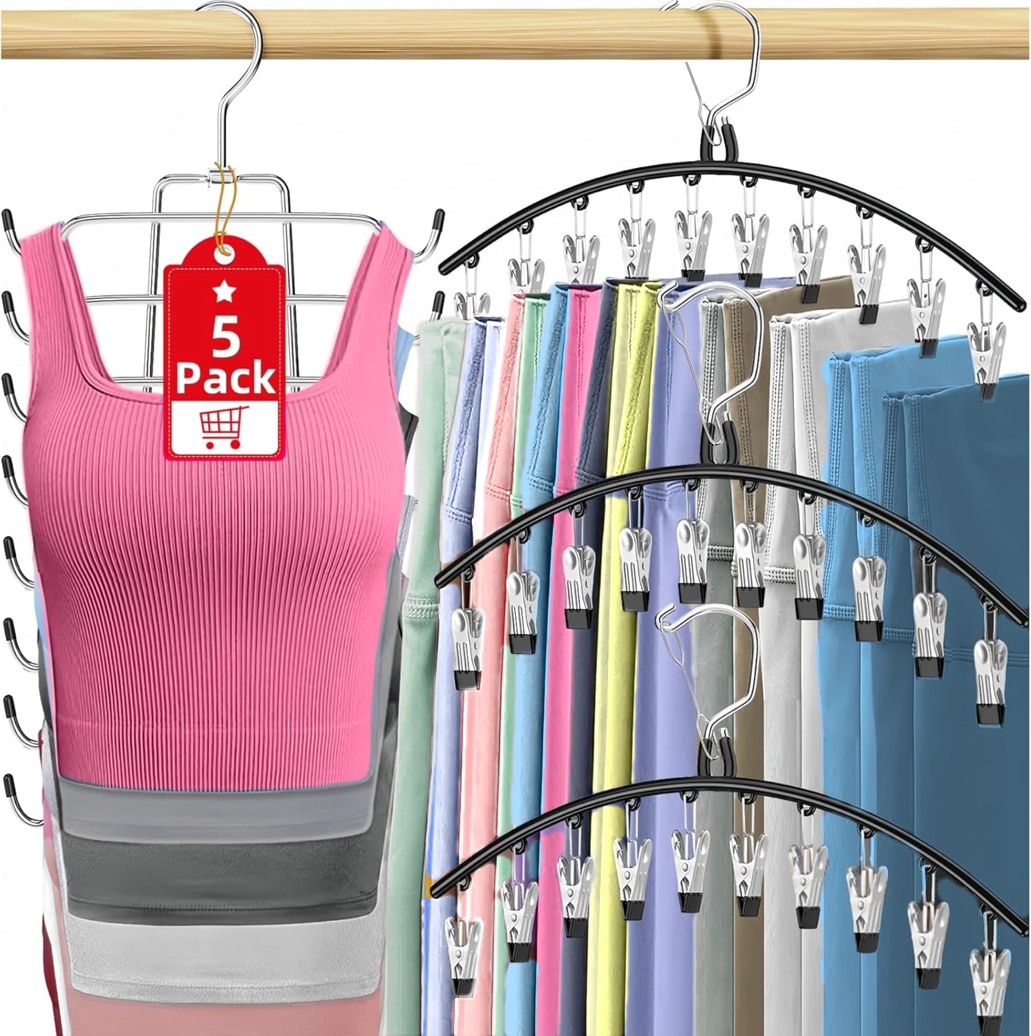 Photo 1 of Besslly 5 Pack Legging Organizer for Closet Hanging, 3 Pants Leggings Hangers with 30 Clips, 1 Tank Top Hanger, 1 Metal Magic Space Saving Hangers Closet Organizers and Storage for Pants Skirts Bra