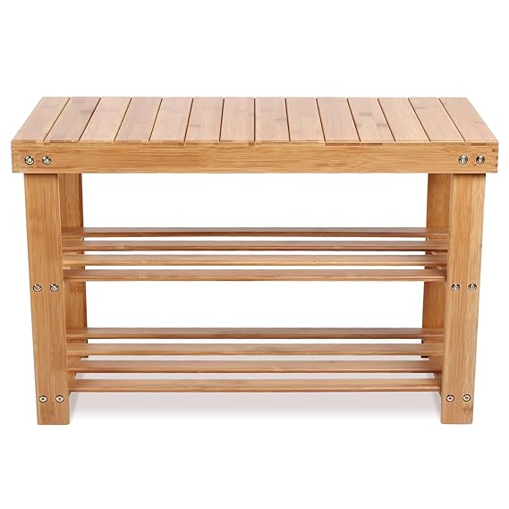 Homfa Bambus Sitzbank mit Schuhregal 3 Ablage 70x28x45cm Schuhschrank Schuhbank Flur Badregal Schuhaufbewahrung Schuhablage bis 120KG belastbar