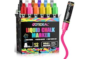 GOTIDEAL Window Markers, Jumbo Chalk Markers for Blackboard, Washable Car Marker for Chalkboard,Glass Mirrow,10mm Thick Tip12 Colors With Metallic Colors