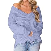 Womens Loose Knitted Off The Shoulder Sweater Solid V Neck Long Sleeve Pullover Ripped Crop Top