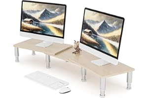 AX WABER Dual Monitor Stand Riser, Monitor Stand with Adjustable Length and Angle, Wood Monitor Stand for Desk, Monitor Riser for 2 Monitors with Storage Space