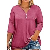 Beautife Womens Plus Size T-Shirts V Neck 3/4 Sleeve Tops Fall Henley Shirts Casual Basic Loose Fit Blouses