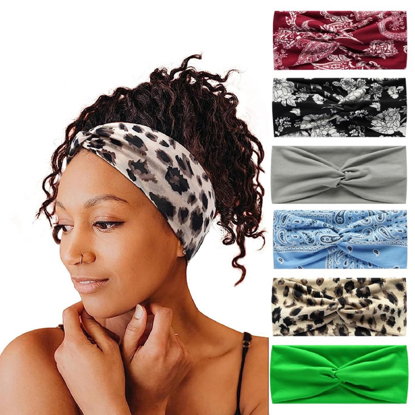 6Pcs Women's Hairband Bandana Accessories for Adults - Boho Elastic Turban Wide Non-Slip Scarf Headbands for Short Hair (Green)