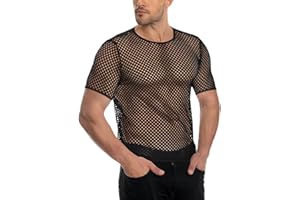 ADOREJOY Men’s Fishnet Shirts See Through Tops Short Sleeve Slim Fitted Crewneck Muscle Tees