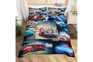 Erosebridal Boys Racing Car Comforter Cover Set Twin Size,Sports Car Duvet Cover Extreme Sport Bedding Set Speed Tournament Grid Patchwork Style Vehicles Bedclothes Kids Car Theme Room Decor