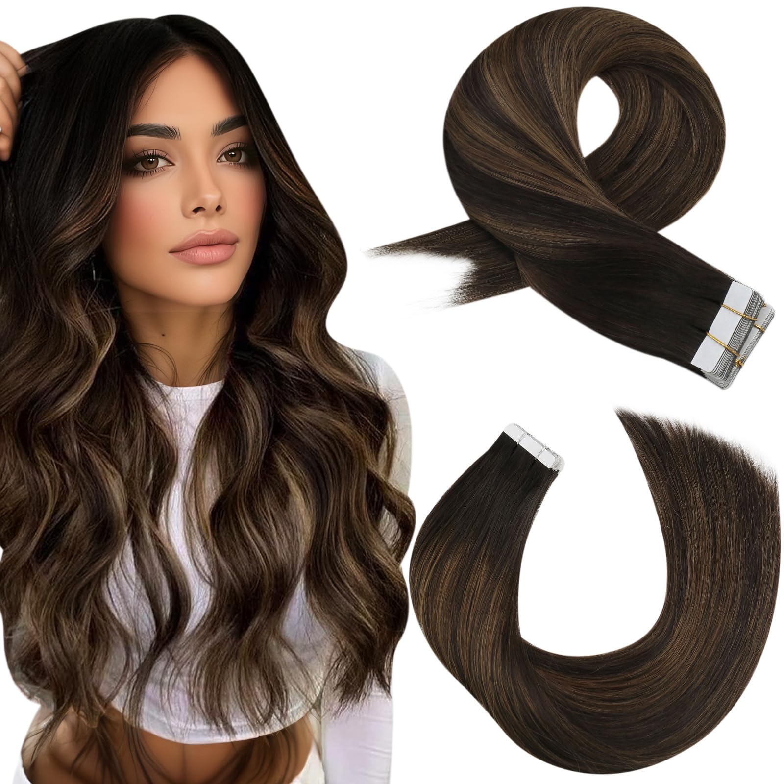 Moresoo Tape in Human Hair Extensions 18 Inch Balayage Darkest Brown Highlighted Chestnut Brown Tape in Hair Extensions Human Hair Ombre Remy Straight for Thin Hair 20pcs/50g #2/6/2
