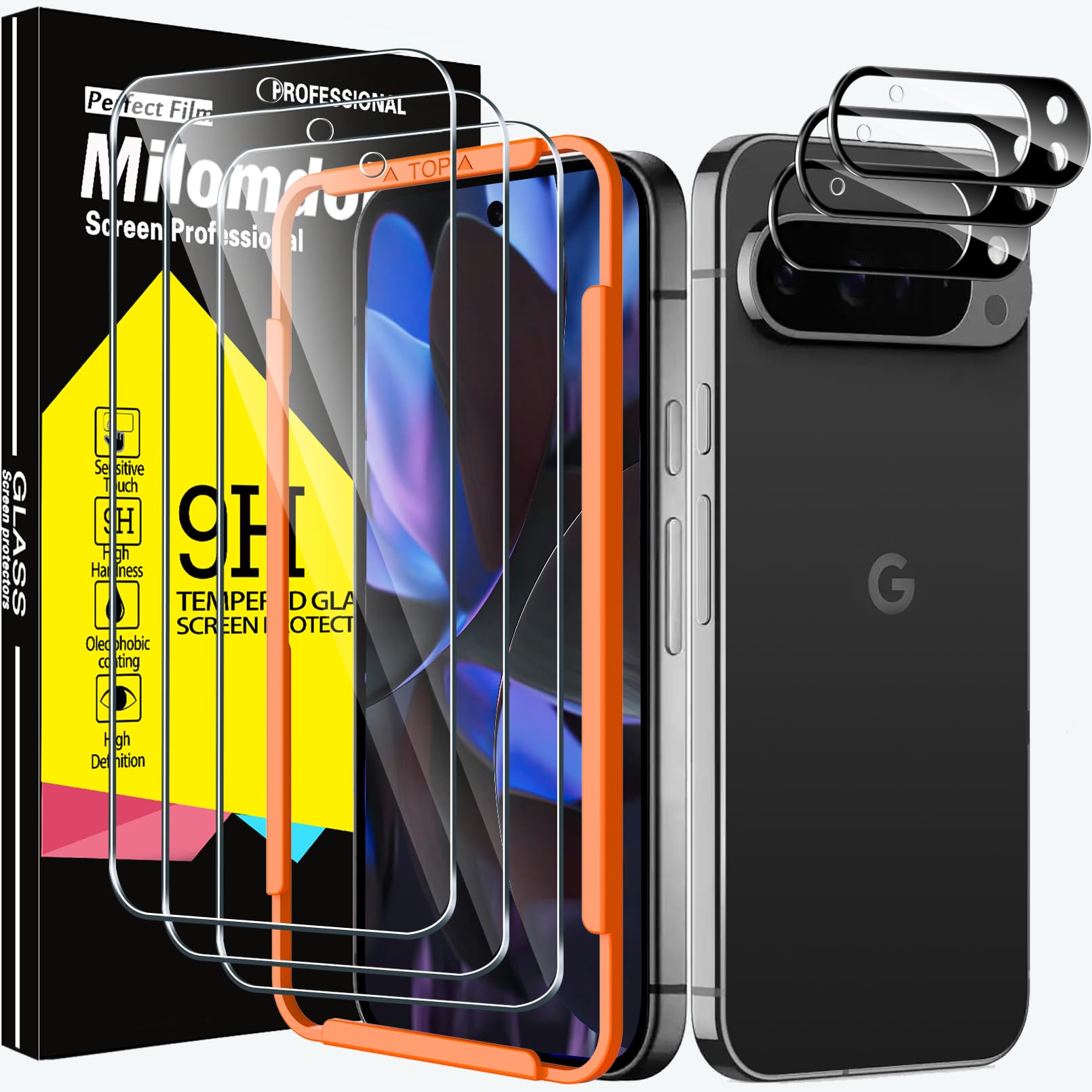 Milomdoi 3 Pack Screen Protector for Google Pixel 9 Pro with 3 Pack Camera Lens Protector, Ultra 9H+ Tempered Glass Accessories, [Fingerprint Suitable] Easy Installation, Case Friendly