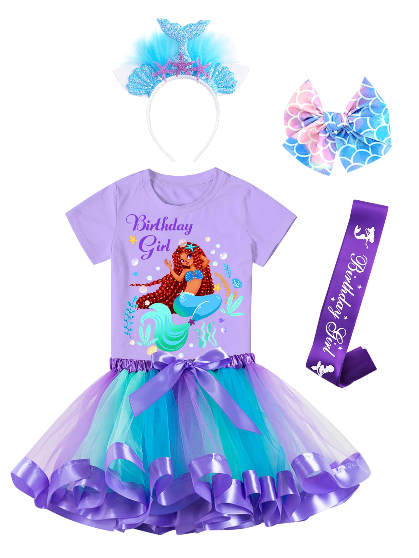 Photo 1 of **MISSING SKIRT***Doctor Unicorn Birthday Girls Mermaid Outfit Set Costume Tutu Skirt Dress, Mermaid Birthday Shirt, Headband & Satin Sash (Purple-, 4-5 Years)