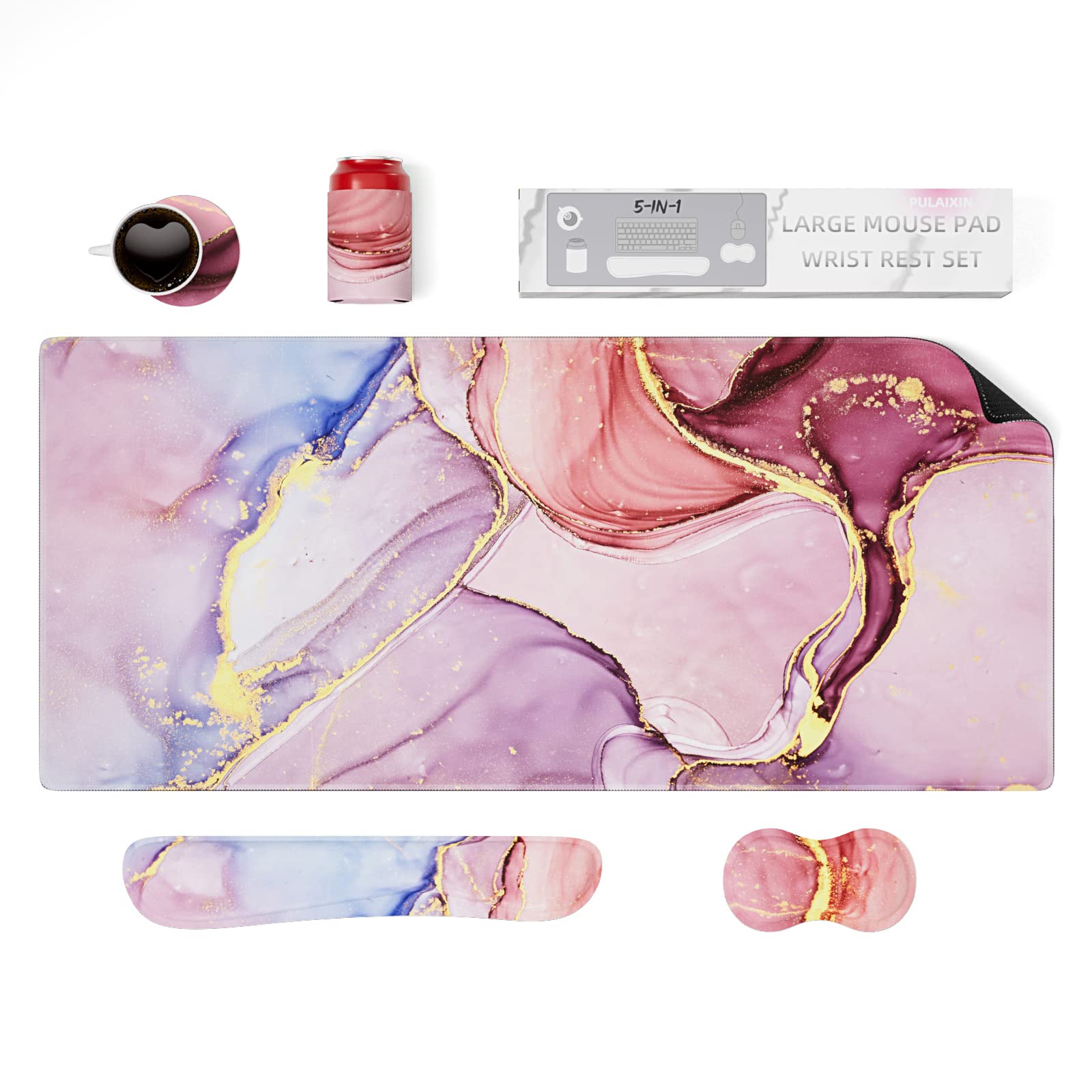 Photo 1 of PULAIXIN 5 in 1 Keyboard Mouse Pad Set, Mouse Pad Wrist Support, Extended Gaming Mouse Pad + Keyboard Wrist Rest Support, (34.5×15.7 in) Large Ergonomic Mousepad Desk Mat Combo -Pink Marble
