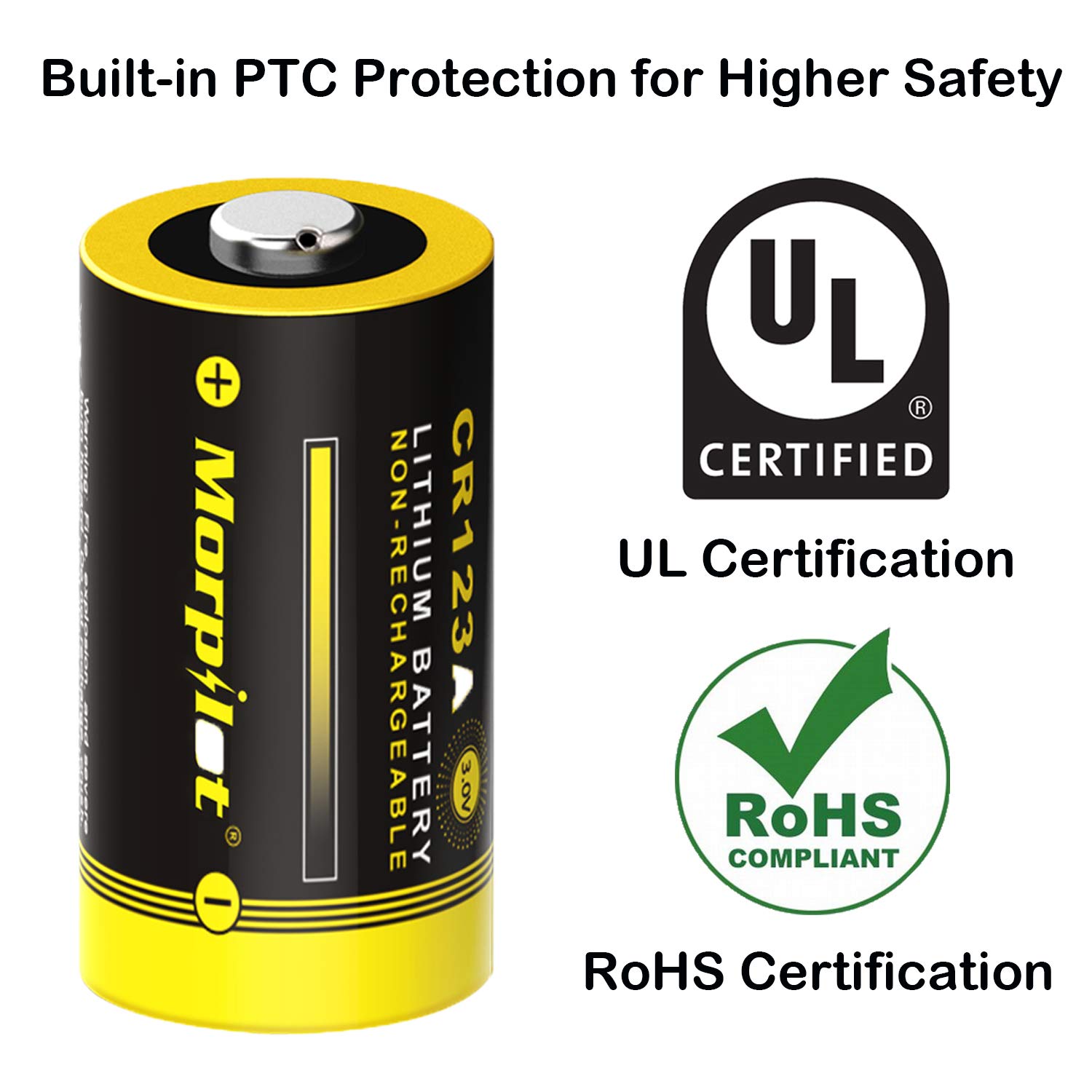 Morpilot 3V CR123A Lithium Battery, High Capacity 16 Pack 1500mAh Non-Rechargeable CR123A Batteries PTC Protected for Arlo Cameras, Flashlight, Camera, Toys, Alarm System