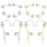 YOGEYOGE 4Pair Gold & Silver Butterfly Earrings for Women,No Piercing Bling Butterfly Tassel Style Rhinestone Fairy Ear Cuffs for Women Jewelry