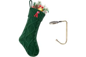 VRFASHION Christmas Stockings with Initials, Letter A Embroidered Xmas Stockings, 18" Large Monogram Knitted Xmas Stocking, Christmas Party Fireplace Family Hanging Stocking Decorations(1 Pack, Green)