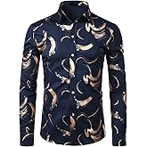 ZEROYAA Men's Hipster Shiny Design Slim Fit Long Sleeve Button Up Party Dress Shirts