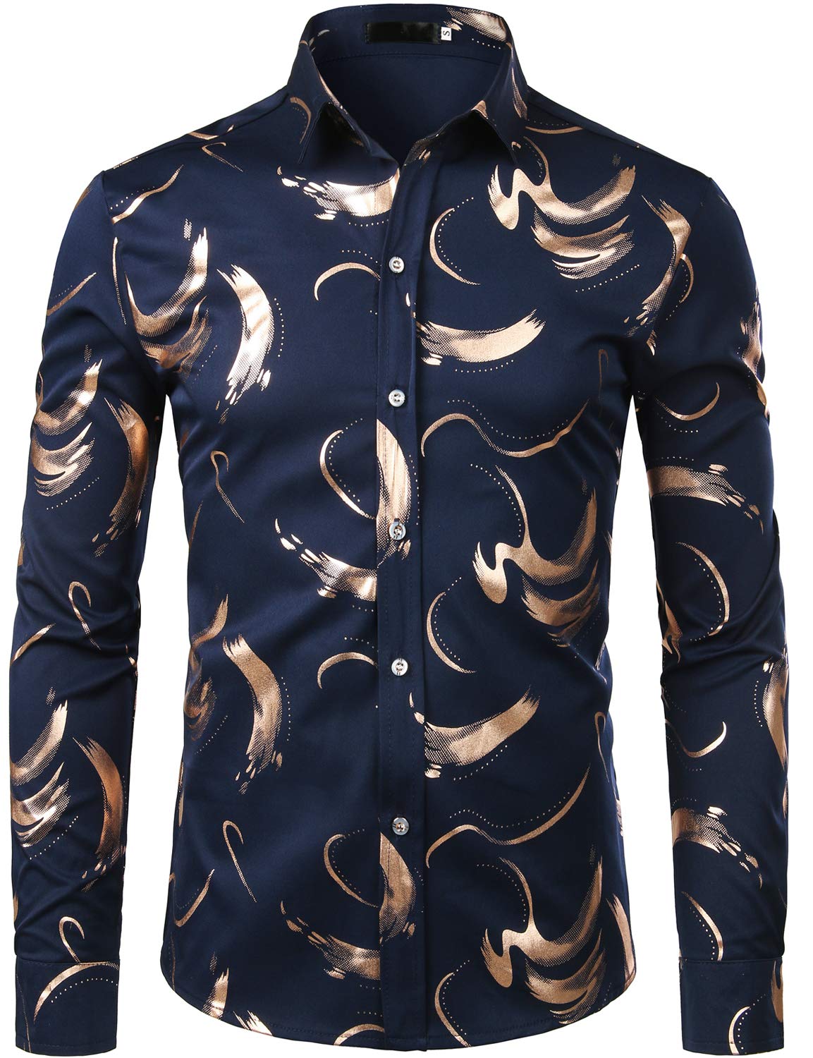 ZEROYAAMen's Hipster Shiny Design Slim Fit Long Sleeve Button Up Party Dress Shirts