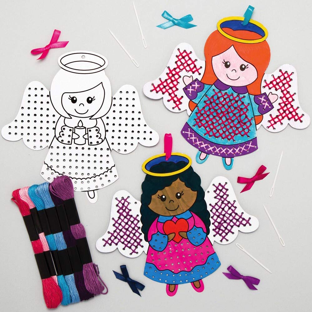 Baker Ross AX389 Angel Colour in Cross Stitch Decoration Kits - Pack of 5, Embroidery Kits for Beginners, Ideal Kids Arts and Crafts Project