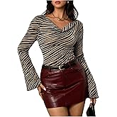 MakeMeChic Women's Zebra Print Top Striped Cowl Neck Tee Shirt Long Sleeve Mesh Sheer Y2K Fall Tops