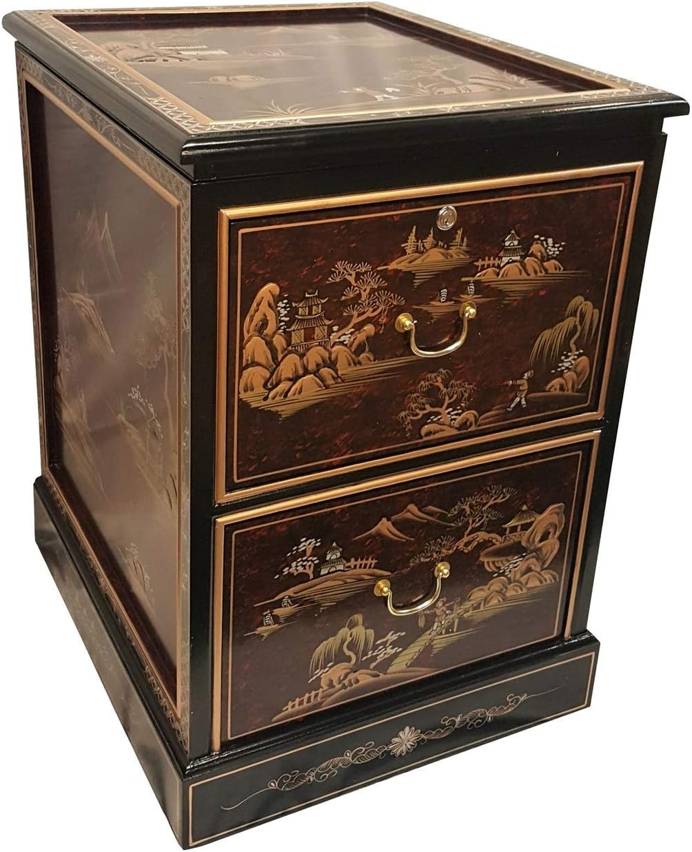 Amazon Com 30 H Oriental 2 Drawer File Cabinet Hand Painted Gold Japanese Landscape With Glass Top Office Products