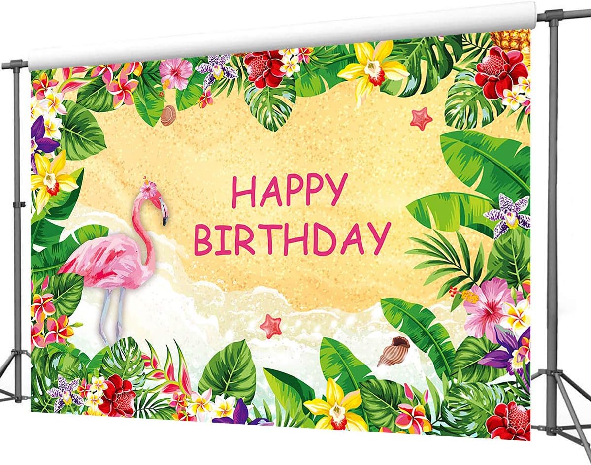 Mehofoto Tropical Flamingo Party Backdrop 7x5ft Vinyl Let's Flamingle Hawaiian Aloha Party Monstera Leaves Photo Backdrops Pink Flamingo Luau Birthday Cake Table Photography Background - Image 5
