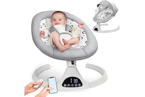 QUEERICK Electric Baby Swing for Infants to Toddler Portable Babies Swings Timing Function 5 Swing Speeds Bluetooth Touch Screen Music Speaker with 10 Preset Lullabies 5-Point Carabiner Gray