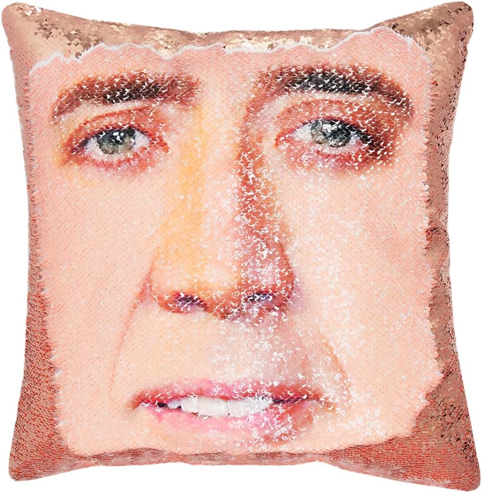URSKYTOUS Reversible Nicolas Cage Sequin Pillow Case Decorative Mermaid Pillow Cover Color Changing Cushion Throw Pillowcase 16” x 16”,Nicolas and Champagne Gold