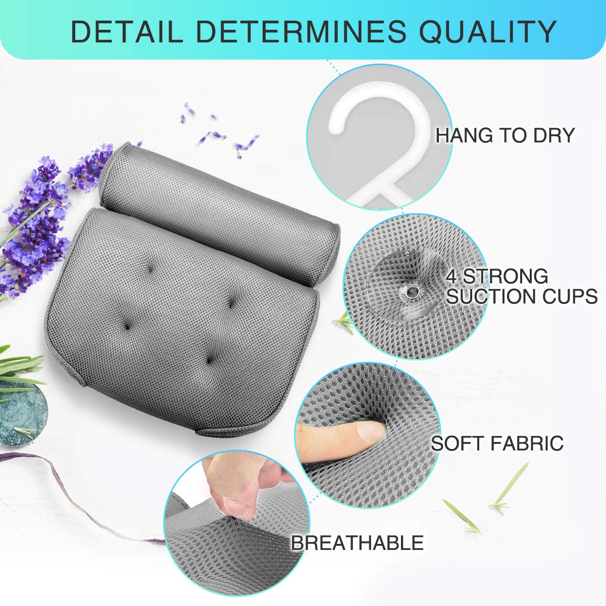 Essort Bathtub Pillow, Large Spa 3D Air Mesh Bath Pillow, Luxury Comfortable Soft Bath Cushion Headrest, for Head Neck Shoulder Support Backrest, Fits Any Size of Tubs, Jacuzzi (Gray) : Beauty