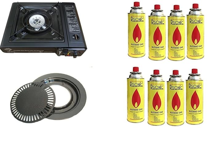 Campingset: Gaskocher mit Grillplatte und 8 Gaskartuschen