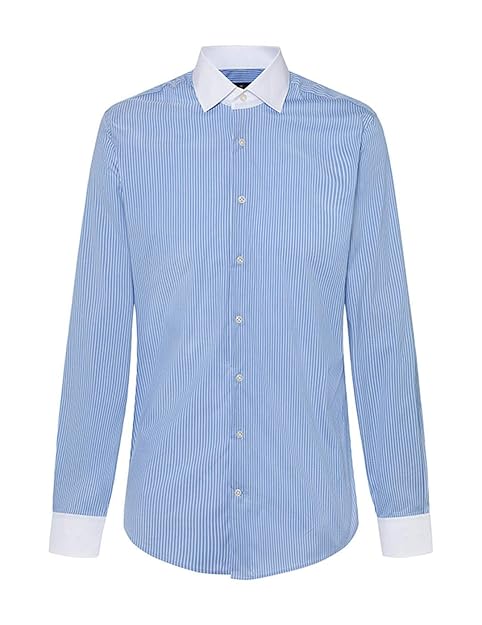 camisa azul cuello blanco