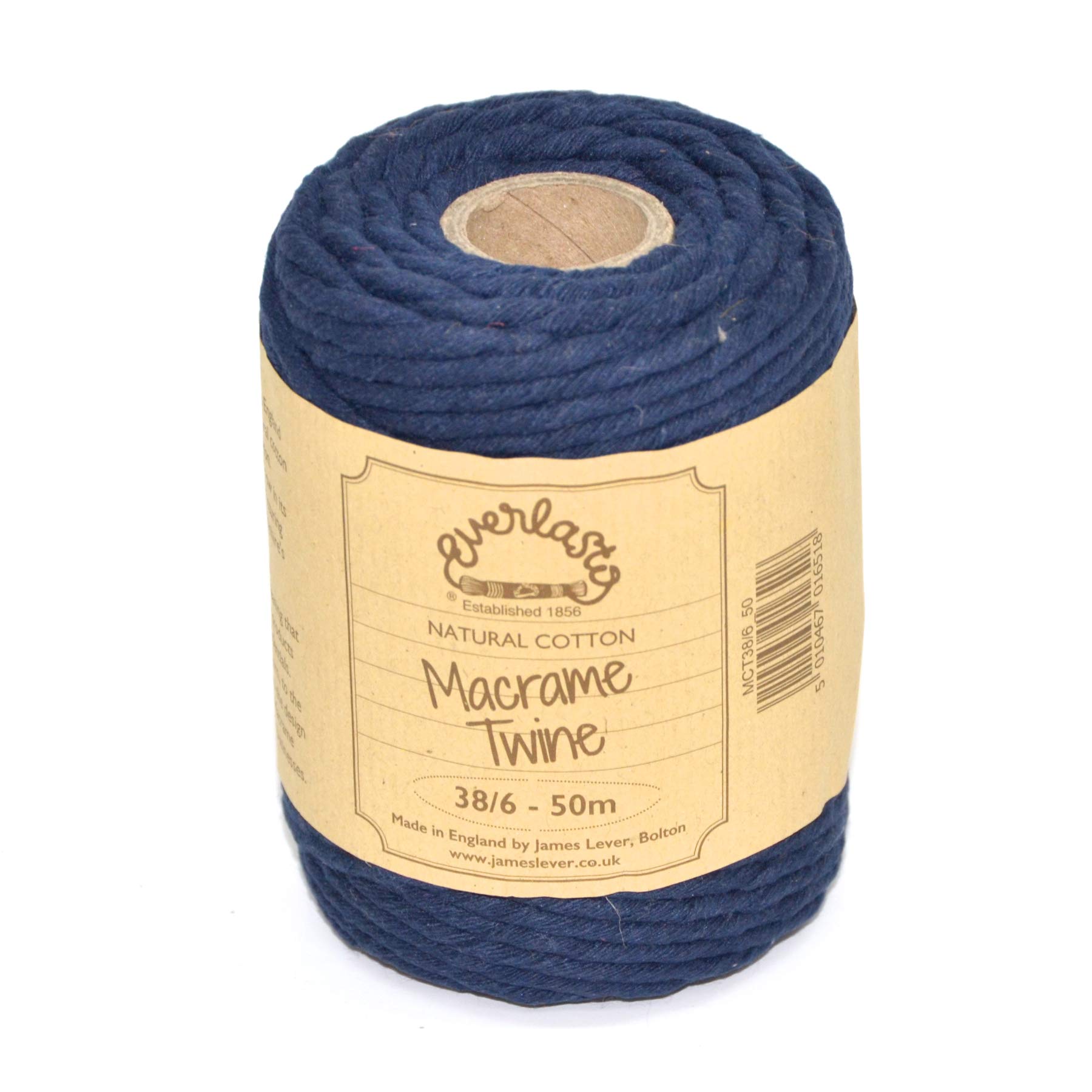 50M Spools - Everlasto Single Twist Soft Cotton Coloured Macrame Craft Twine 38/6 (4mm Approx) (Navy Blue)