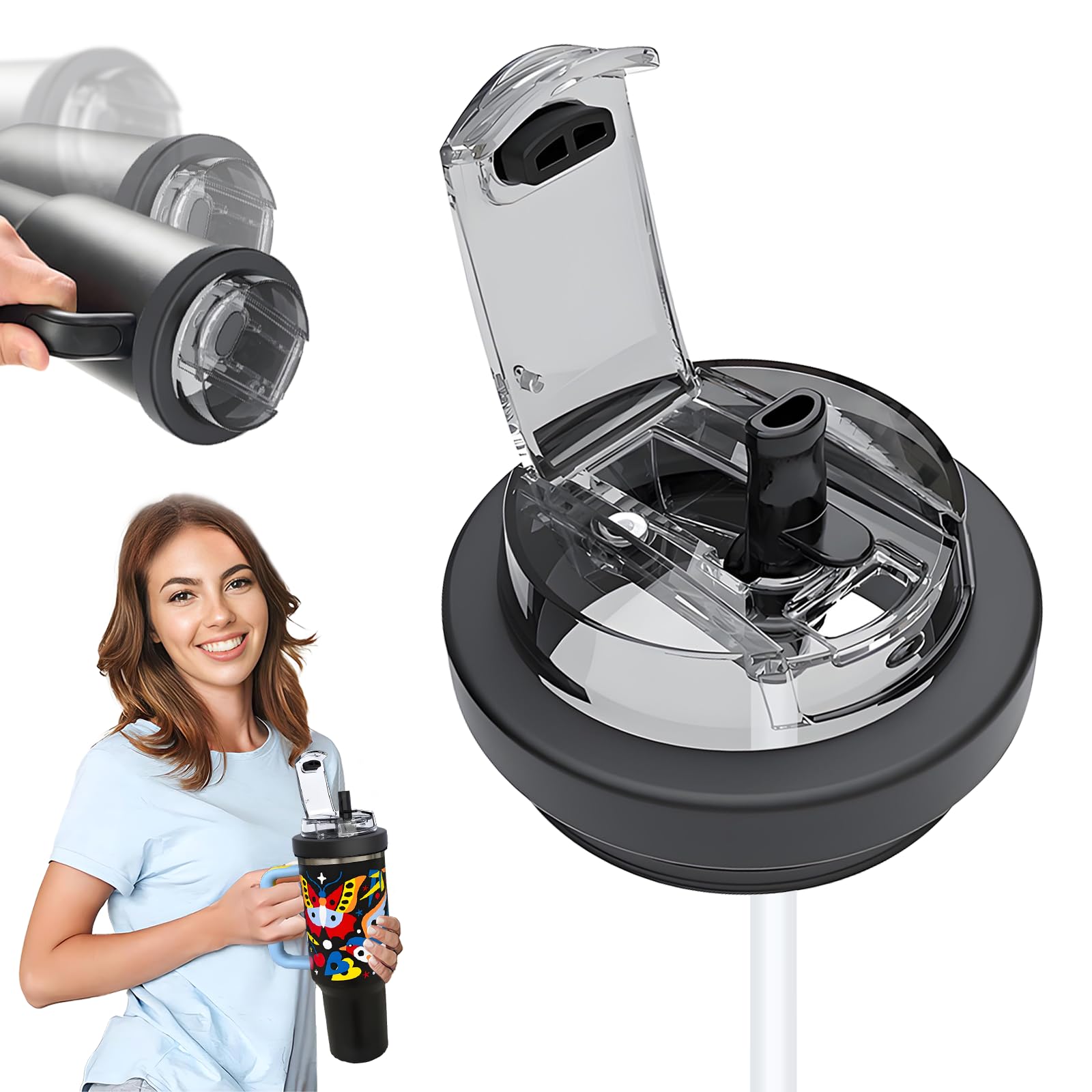 Photo 1 of 40oz Tumbler Lid Replacement – Leak-Proof, Spill-Proof with Dust Cover, Compatible with Stanley Quencher 40oz, Reusable Lid for Travel & Daily Use (Black 40 oz cup lid)