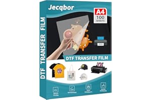 Jecqbor DTF Transfer Film Paper A4 100 Sheets, Double Sided Heat Transfer Paper, Thick Clear Pretreat PET Sheets for DTF Printer Direct Print On T-Shirts Textile (8.3" x 11.7")